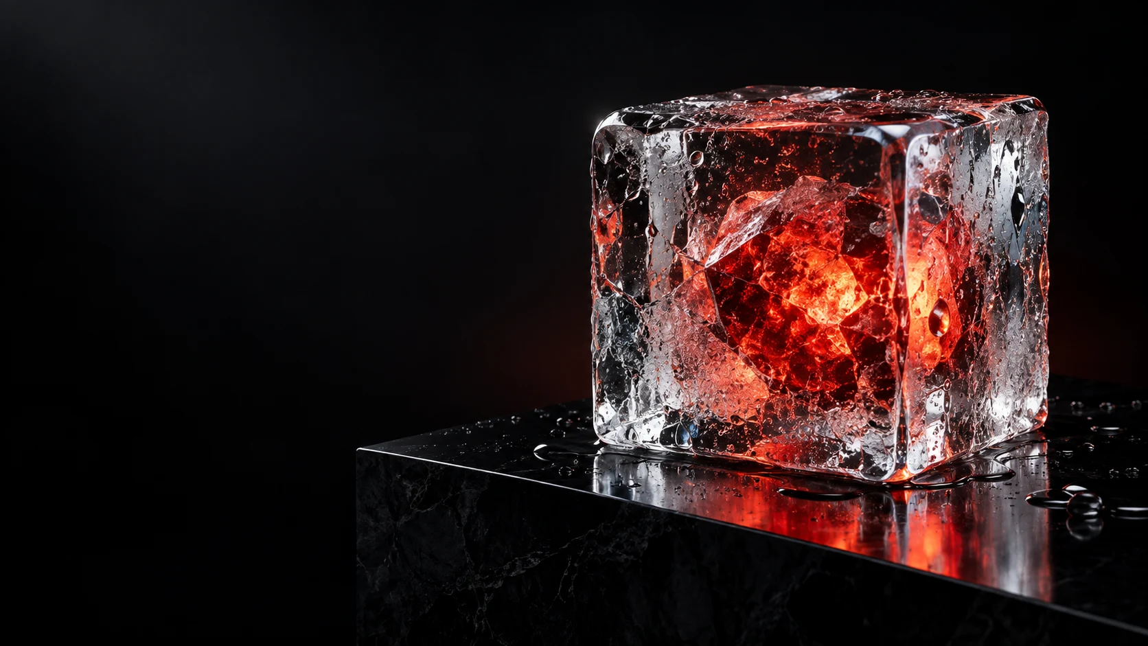 A glowing ember suspended inside a sculptural ice cube