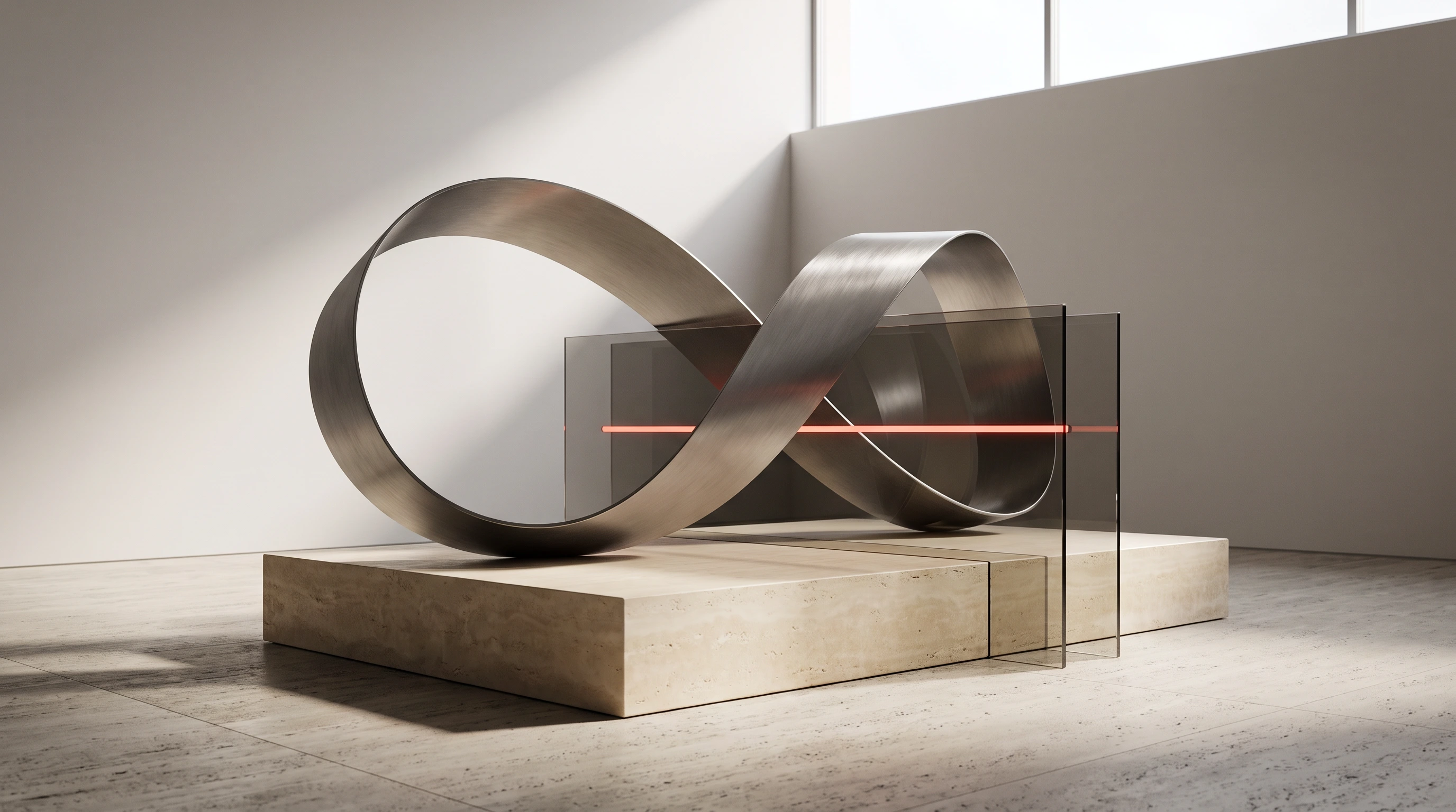 Sculptural titanium and glass composition representing connected digital design