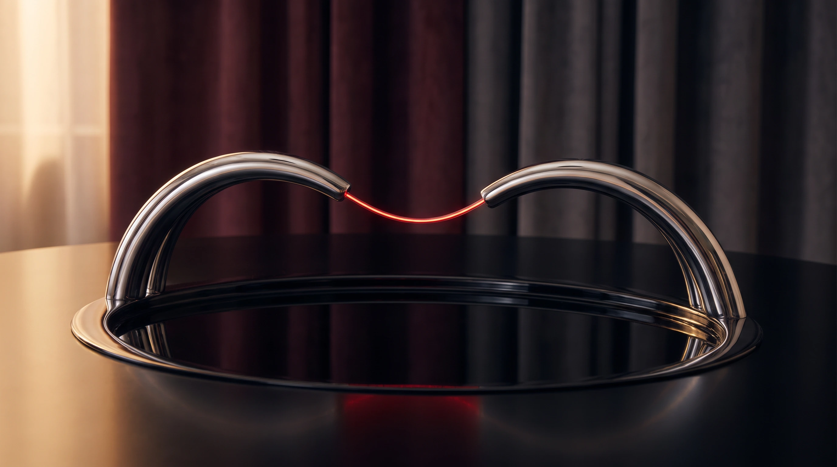 Chrome arcs connected by a red filament — a conversation becoming a collaboration